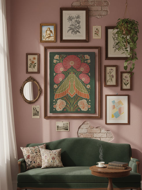 A rectangular woven wall tapestry with a rich, dark green background. The central design is a large, stylized moth with intricate wings in shades of orange, cream, and muted green. The moth is surrounded by a symmetrical arrangement of folk-art style flowers and botanicals in vibrant pink, coral, and cream. The entire piece has a visible, high-quality woven texture. This polyester and cotton blend textile art measures 26x36 inches and includes a rod pocket on the black backing for easy hanging.